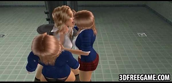  Three sexy schoolgirls in the 3D showers use strapons